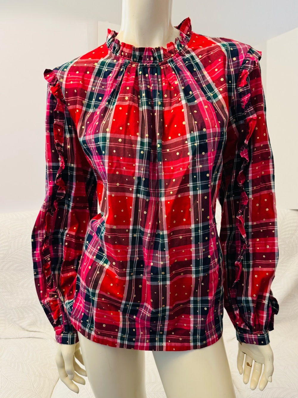 crown & ivy Red Plaid Ruffle-Neck Long Sleeve Top